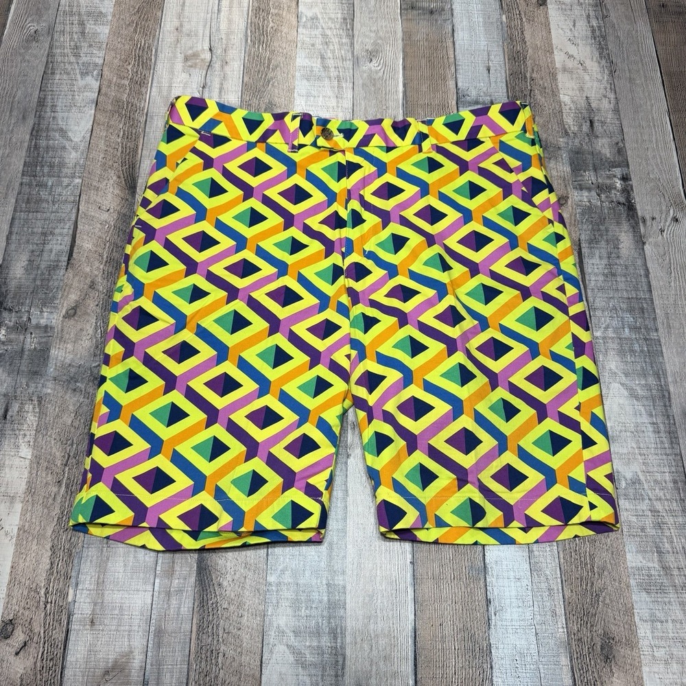 Loudmouth Golf Shorts Mens 38 Geometric Pattern Multicolor Yellow Performance